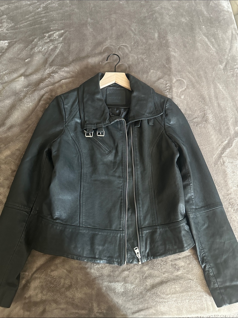 All Saints Black Leather Asymmetric Zip Jacket